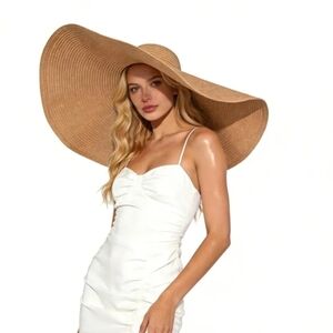 Wide Brim Dramatic Beach Straw Sun Hat - Tan/Khaki